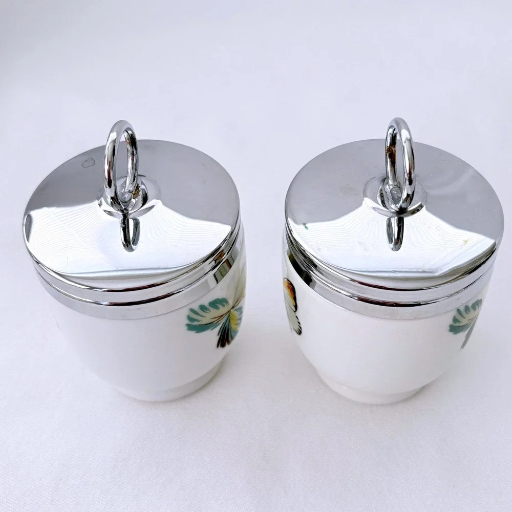 Royal Worcester England Porcelain Egg Coddlers Strawberry Fair Butterfly w/ Lids
